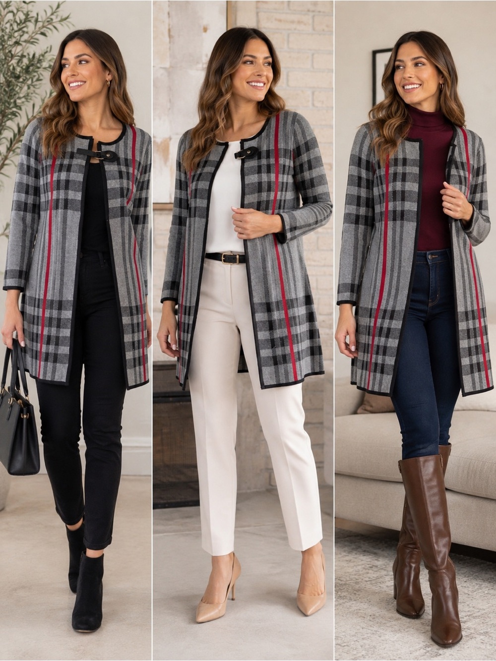 Anne Klein Women’s Cardigan Small Gray Red Plaid Long Open Front NWT
